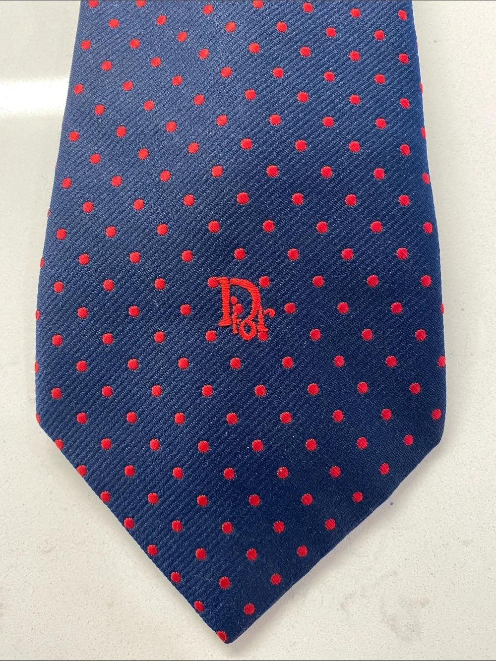 Vintage Christian Dior Navy with Red Dots Polyester/Silk Tie w/Dior Logo Tip ✨
